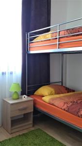 ボヴェツにあるHoliday Home Julian Alpsのベッドルーム1室(緑の敷物が敷かれた二段ベッド1組付)