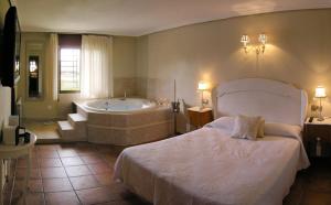 a bedroom with a bed and a bath tub at Hospedaje Villa Pilar in Santillana del Mar +80 photos