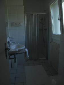 La salle de bains est pourvue d'une douche et d'un lavabo. dans l'établissement Hotel Arcadia, à Ascona