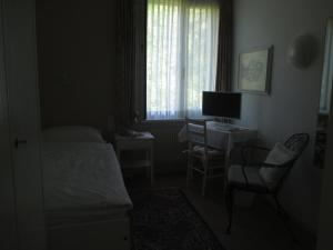 - une chambre avec un lit et un bureau avec un ordinateur dans l'établissement Hotel Arcadia, à Ascona