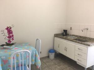 a kitchen with a table and a sink and a counter at Residencias JAC in Paraguaçu Paulista