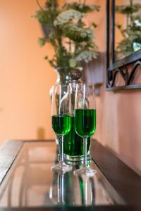 two glasses of green wine sitting on a table at Villa Irida in Potos +59 photos