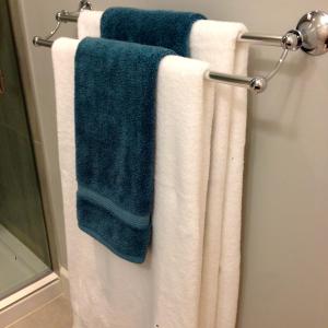 a bathroom with towels hanging on a towel rack at Nature's Door Guest Suite in Port Moody