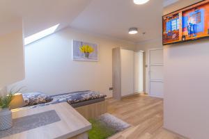 a living room with a couch in a room at Apartamenty Galeria Jordanowska in Jordanów