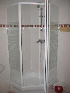 a shower with a glass door in a bathroom at Hospoda na Peci in Pec pod Sněžkou