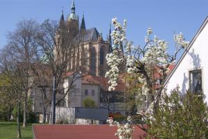 a park bench in front of a building with a church at Pension am Dom in Erfurt