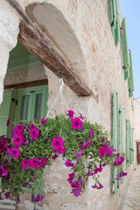 a building with pink flowers in a window box at Villa Klytia in Halki