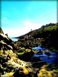 a view of a rocky shore with a body of water at Casa Rural Postigu in Hondarribia