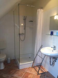uma casa de banho com um chuveiro e um lavatório. em Haus am Herrenwall em Esens
