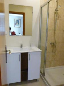 a bathroom with a sink and a shower with a mirror at Vivenda Linda Vista in Porto da Cruz