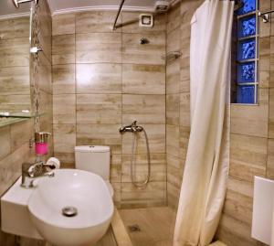 a bathroom with a white sink and a shower at Victoria Studios in Panagioúda