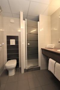 La salle de bains est pourvue de toilettes et d'un lavabo. dans l'établissement Ekho Hotel Grenoble Nord Saint Egrève, à Saint-Égrève
