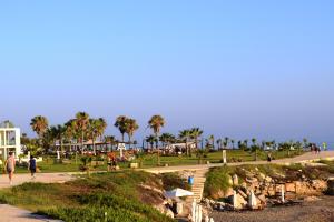 a group of people walking down a path near the beach at Amphora Hotel & Suites in Paphos