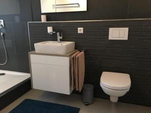 een badkamer met een witte wastafel en een toilet bij Unterm Blauregen in Wangen