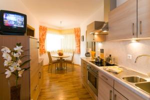 cocina con fregadero y mesa con TV en Appartements Peilerhof en Cermes