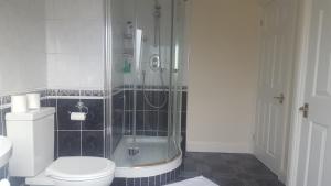 ein Badezimmer mit einer Dusche, einem WC und einer Badewanne in der Unterkunft Kathleen House in Enfield