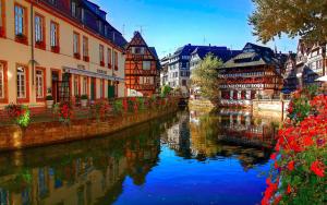 a river in a city with buildings and red flowers at Apartment Duplex with Sauna City- Center Cathedrale in Strasbourg