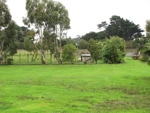 a field of green grass with trees and a bridge at Cruz Inn in Featherston