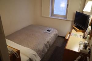 a small bedroom with a bed and a television at Hotel Lexton Kagoshima Annex in Kagoshima