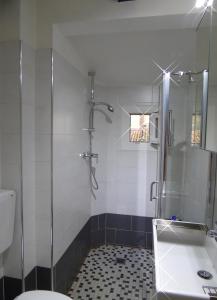 y baño con ducha, aseo y lavamanos. en San Leonardo House Bologna, en Bolonia