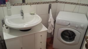 een badkamer met wastafel en wasmachine bij Apartment Leonardo in Medulin
