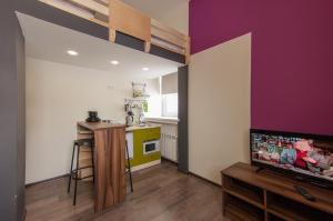 a living room with a tv and a kitchen at Apart-Hotel Powder in Kirovsk