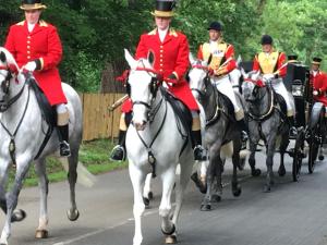 a group of men in red uniforms riding on horses at SleepNeat in Ascot