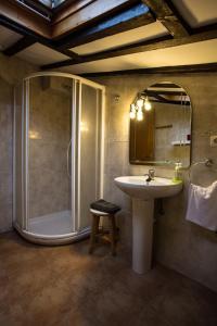 Un baño con ducha, lavabo y espejo. en Casa Rural Andutza, en Ea