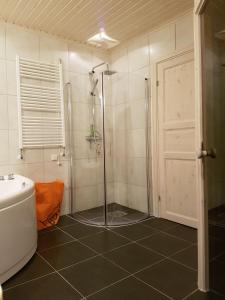 a bathroom with a shower and a sink at Glafsfjordens Accommodatie in Arvika +33 photos
