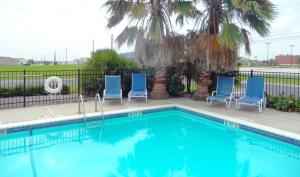 a swimming pool with blue chairs and palm trees at Extended Stay America Suites - Corpus Christi - Staples in Corpus Christi