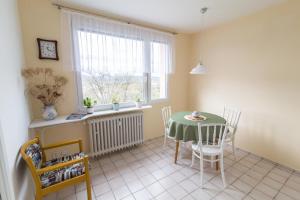 uma sala de jantar com uma mesa e cadeiras e uma janela em Apartman Labe em Ústí nad Labem