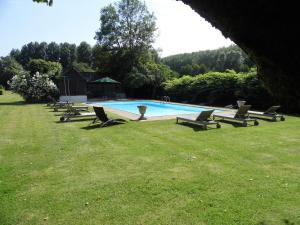 a group of lounge chairs and a swimming pool at Chateau de Vaux in Yvré-lʼÉvêque