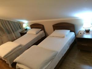 una camera d'albergo con due letti e una scrivania di Mari Guest House a Telavi
