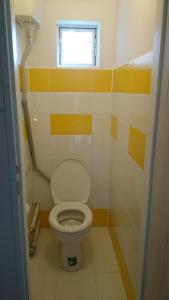 ein Badezimmer mit einem WC mit gelben und weißen Streifen in der Unterkunft Chalupa Maruška in Čeladná
