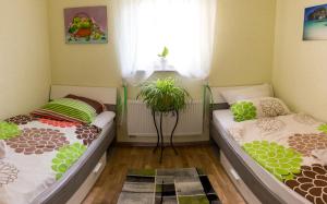 two twin beds in a room with a window at Suite mit Blick auf die Lichtentaler Allee in Baden-Baden