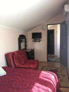 a living room with a red couch and a tv at Tamarindi Guest House in Mtskheta