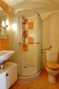 a bathroom with a shower with a toilet and a sink at Apartmán u Benkov in Lúčky