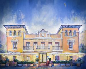 a painting of a building with a clock on it at Casa Consistorial in Fuengirola