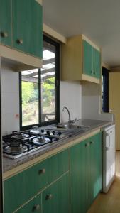 a green kitchen with a stove and a window at Camping al Lago in Tarzo