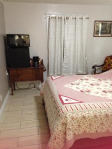 una camera con letto, TV e finestra di Foster Lake Inn a Sweet Home