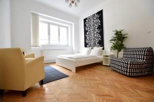 ブダペストにあるBudget Apartment by Hi5 - Akácfa 4のリビングルーム(ベッド1台、椅子付)