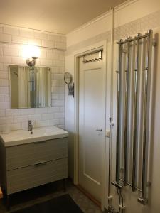a bathroom with a sink and a shower with a mirror at Jaktlyckan, Tuna Gård in Tuna