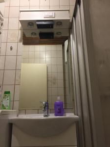 a bathroom sink with a purple soap dispenser on it at Apartment Una - Self check in in Graz +14 photos