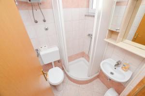 a bathroom with a shower and a toilet and a sink at Apartmani Ruža in Novalja
