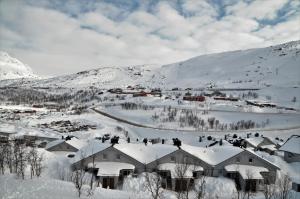 a village covered in snow with a mountain in the background at RIBO Apartment Riksgränsen in Riksgränsen
