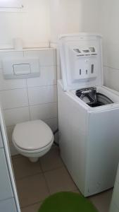 a small bathroom with a toilet and a washing machine at Ferienwohnung Alwind 5 in Lindau