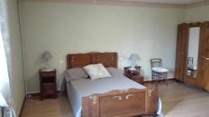 a bedroom with a bed and two tables and a chair at Charmante maison à la ferme in Valderiès