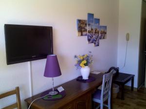 a room with a table with a lamp and a tv at Hôtel Les Palmiers in Bormes-les-Mimosas