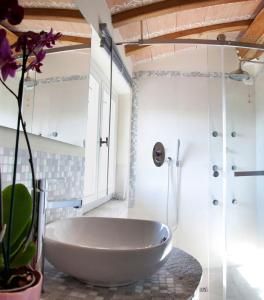 una grande vasca bianca in un bagno con una pianta di Bio Agriturismo Montemenardo Apartments a Todi