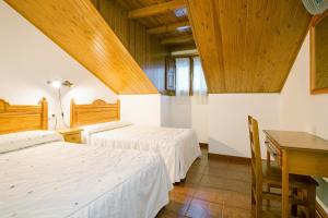a bedroom with a bed, desk, chair and a window at Hotel Castillo d'Acher in Siresa
